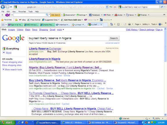 1st position on search keyword buy/sell liberty reserve in Nigeria as at 13/5/2010